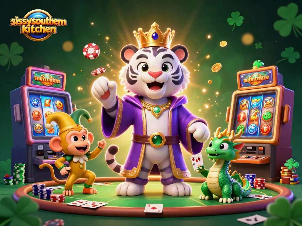Sissy's Southern Kitchen showcases vibrant gameplay with animated characters and casino elements.