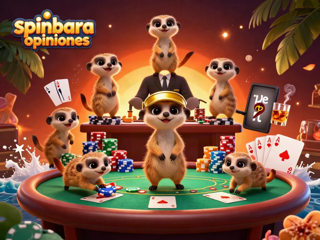 Experience spinbara opiniones through playful meerkats in a vibrant casino scene with poker action.