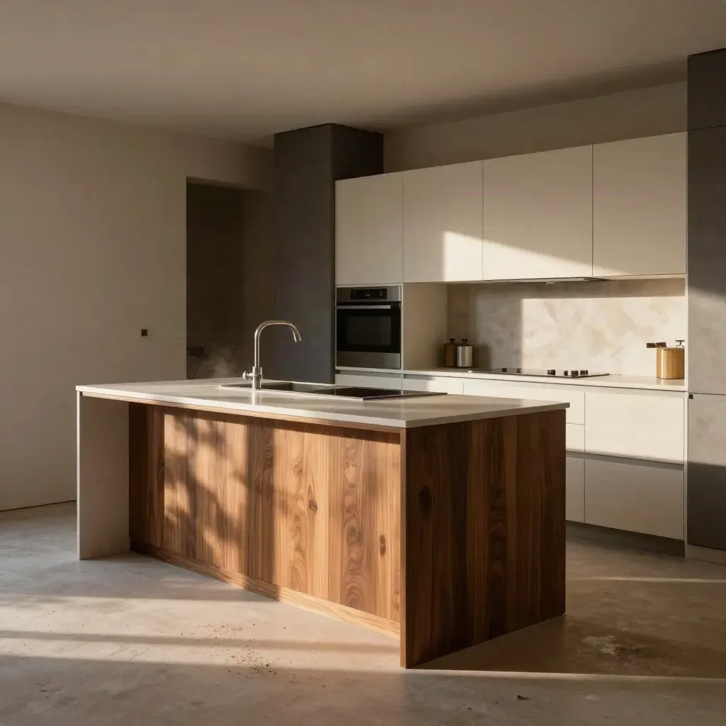 Cocina de obra elegante con isla de nogal, frentes crema y columnas grafito en luz de atardecer.