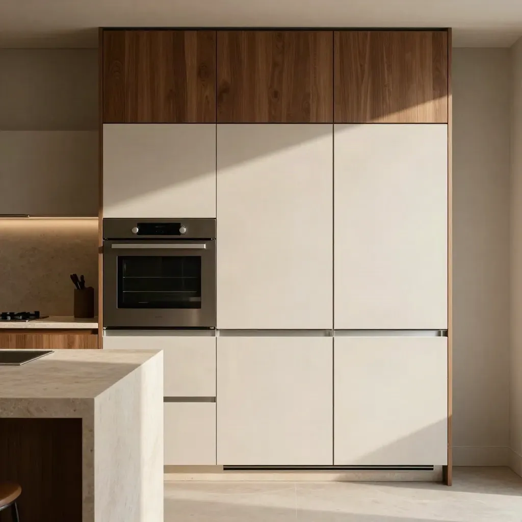 Cocina con horno enrasado y frigorífico panelado en un ambiente premium.