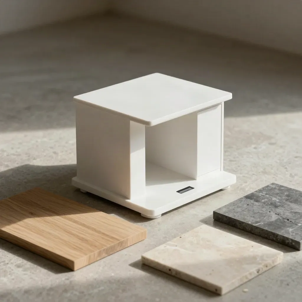 Maqueta física de cocina blanca sobre suelo de piedra, con muestras de materiales y luz dramática.