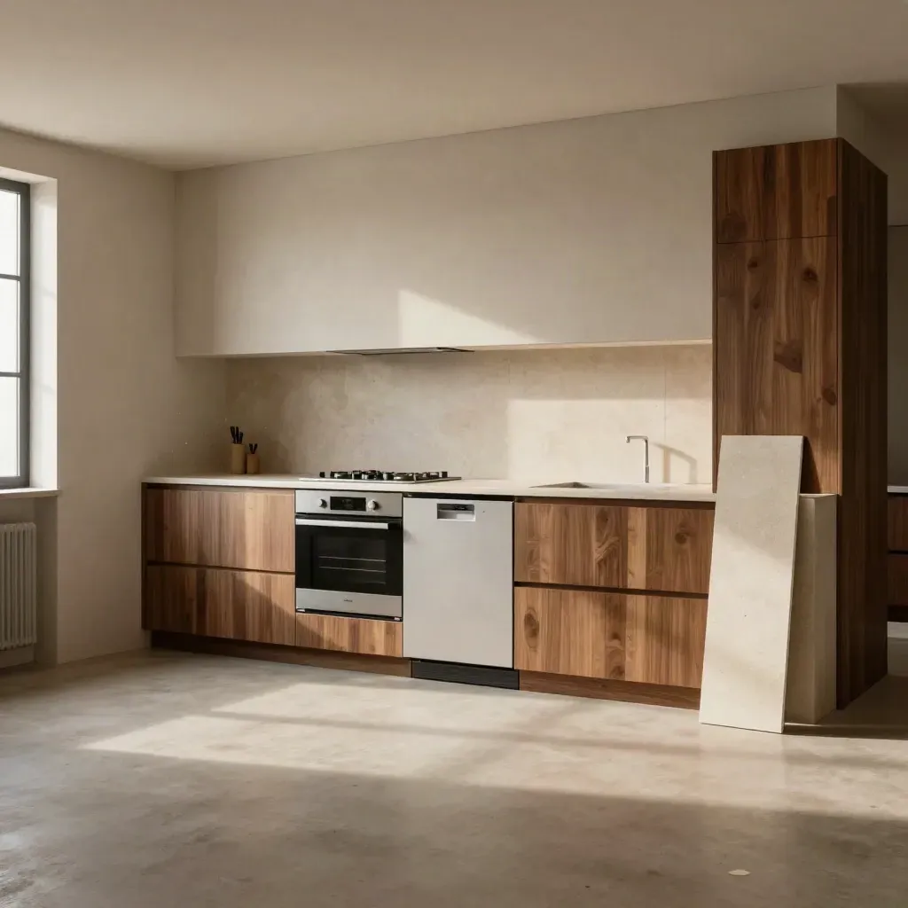 Cocina instalada al final de la obra, con zócalos, remates y electrodomésticos ya colocados.