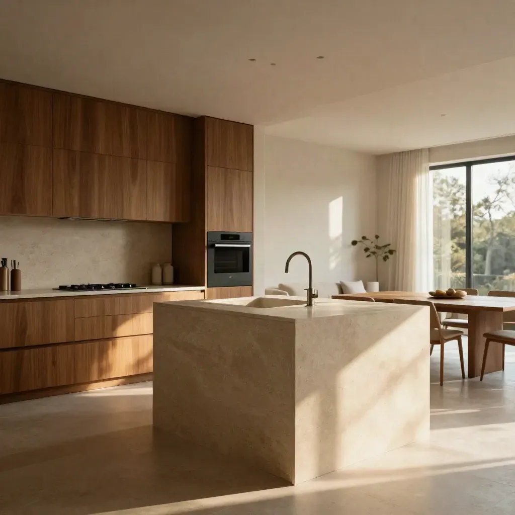 Cocina abierta terminada con isla de piedra clara y nogal, vista desde el salón