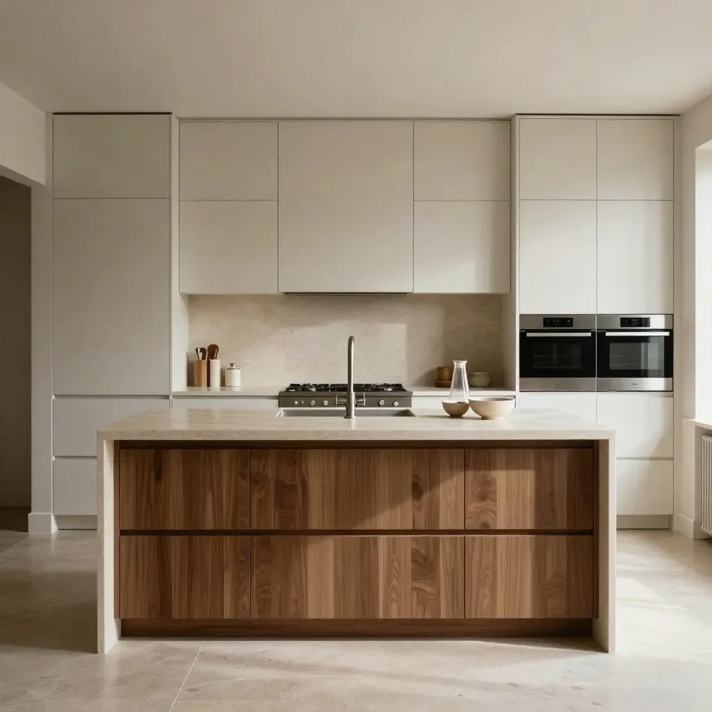 Cocina piloto elegante con isla off-white, encimera clara y vajilla neutra, lista para enseñar.