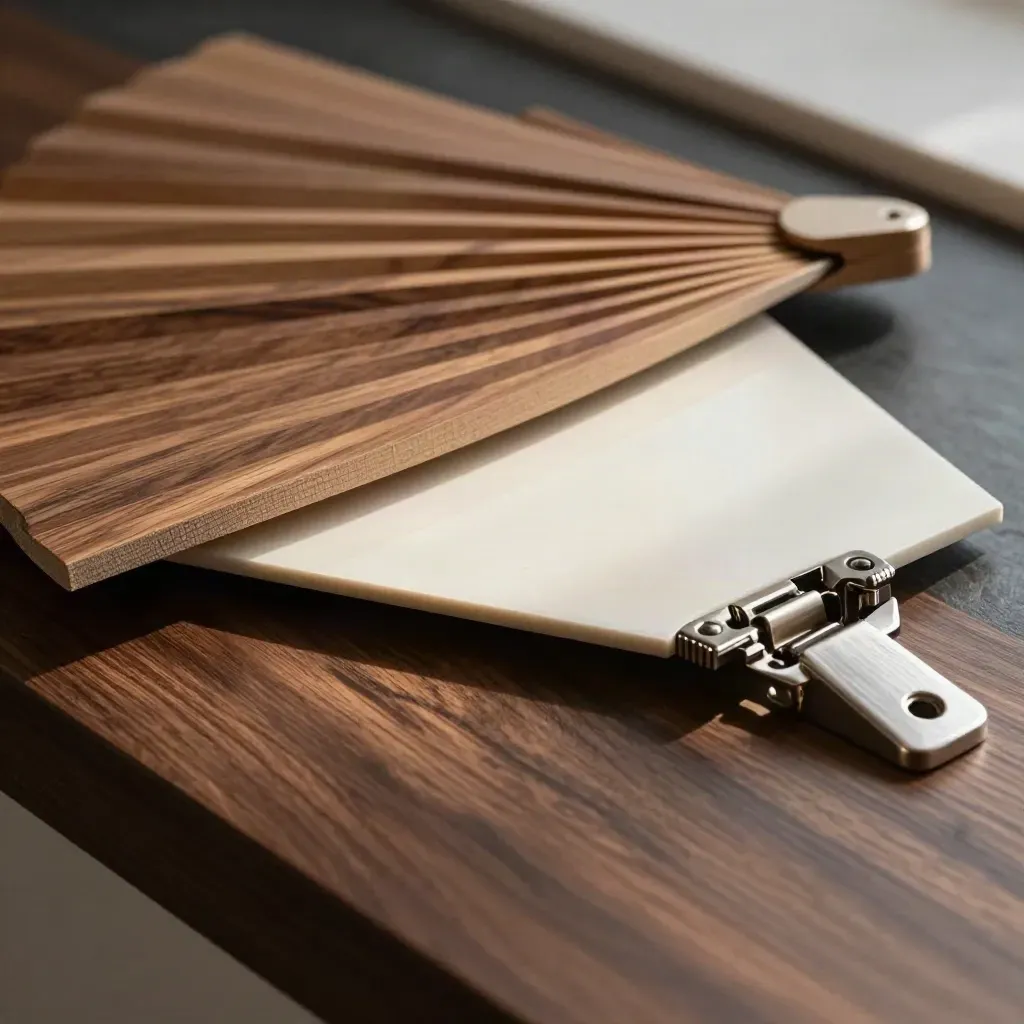 Muestras de cocina: chapas de madera, lacado mate, tiradores y bisagra sobre mesa oscura