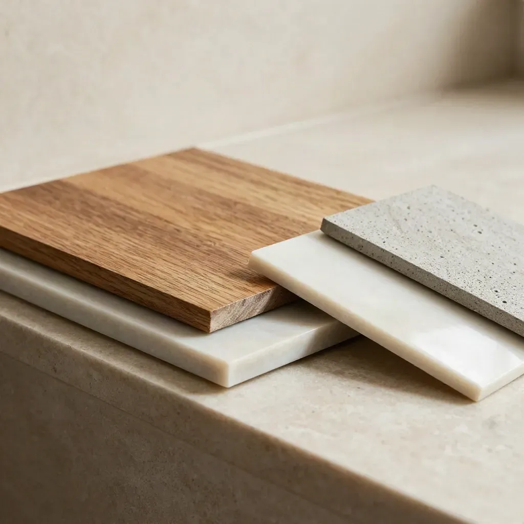 Muestras de porcelánico, madera, lacado mate y microcemento sobre una repisa de piedra, en luz rasante.
