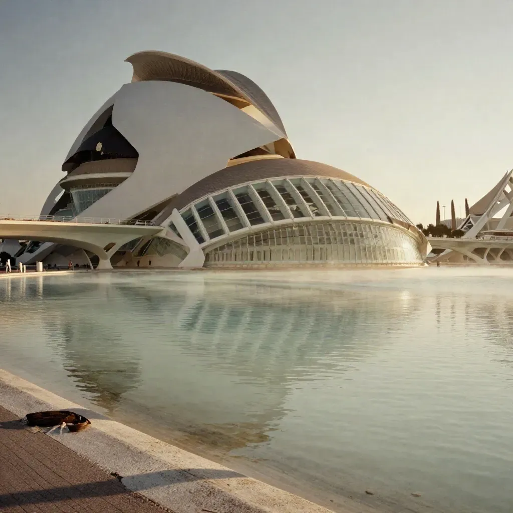 Ciutat de les Arts i les Ciències reflejada en agua tranquila al atardecer
