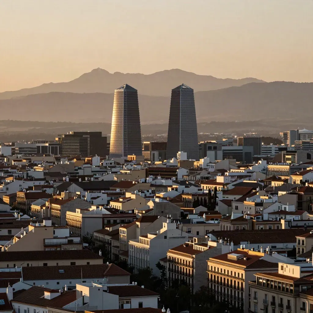 Panorámica cálida de Madrid con las Cuatro Torres y la sierra en bruma.