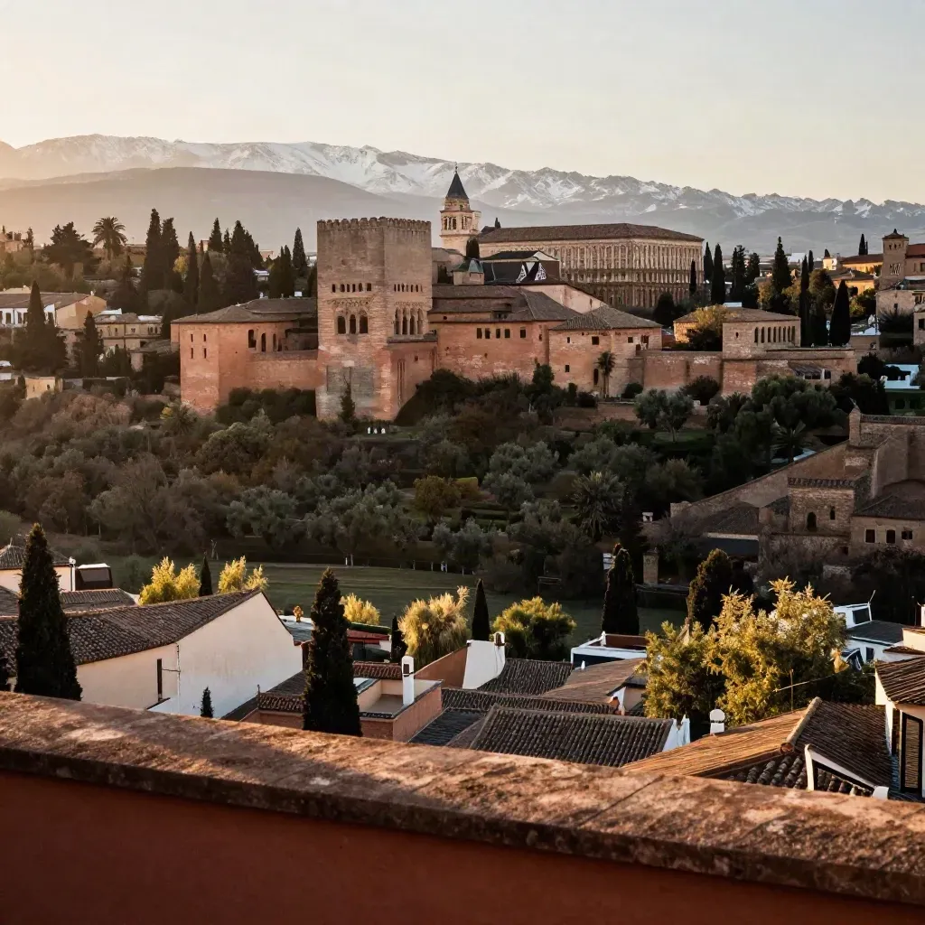 Panorámica de Granada con la Alhambra alta y Sierra Nevada tenue sobre un valle en bruma.
