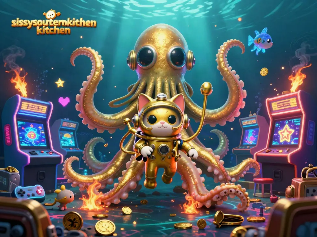 Sissyssouthernkitchen presents a thrilling underwater gaming scene with a kraken and diving cat in a vibrant casino.