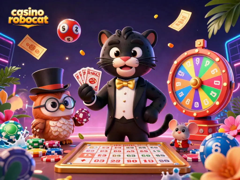 Engage with the lively casino robocat scene, featuring a tuxedoed panther, owl with chips, and lucky mouse immersed in animated gaming elements.