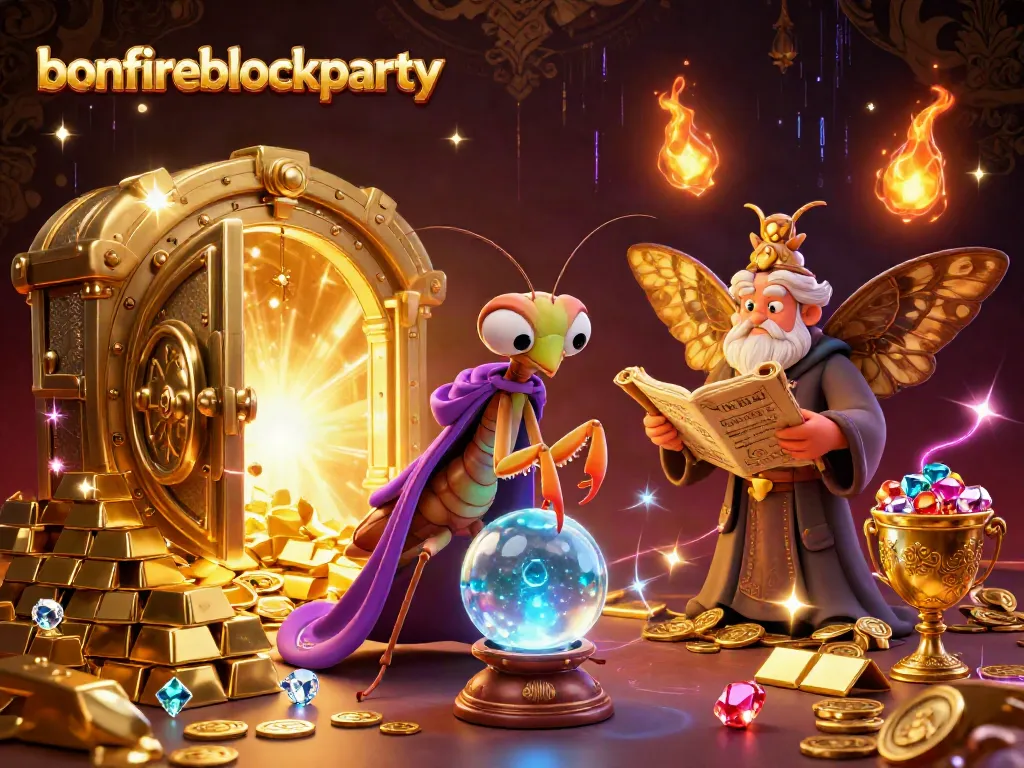 Experience excitement at the bonfireblockparty with a vibrant scene of fortune tellers and treasures.